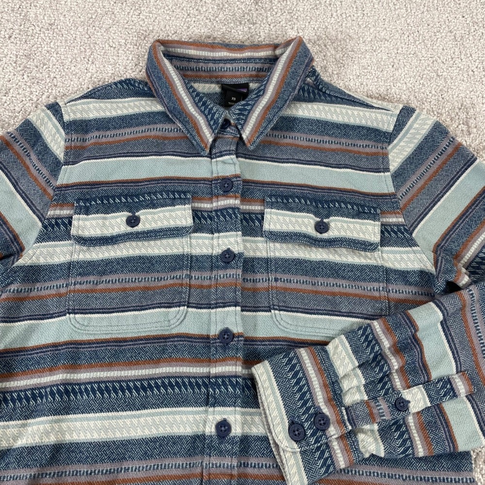 Patagonia Flannel Shirt Womens XS Blue Stripe Chevron Granola Girl Coastal